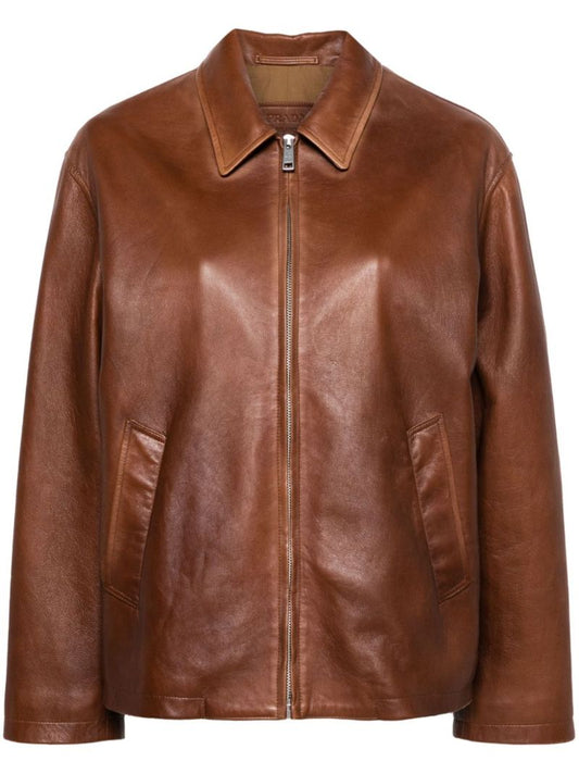 Brown Triangle-logo Leather Jacket