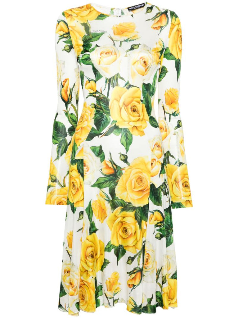 White Rose-print Midi Dress