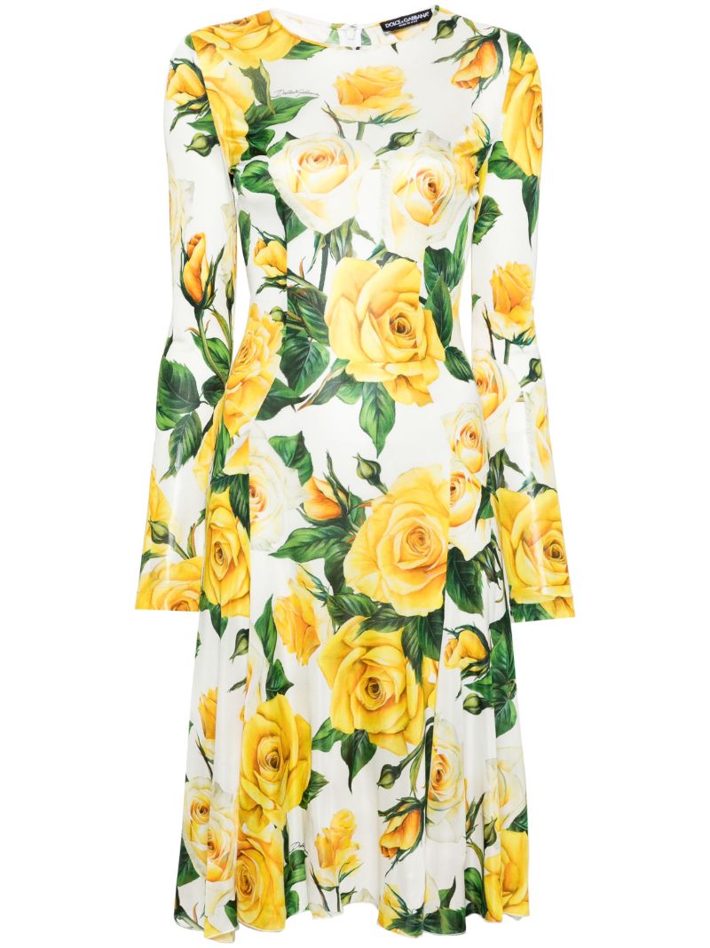White Rose-print Midi Dress
