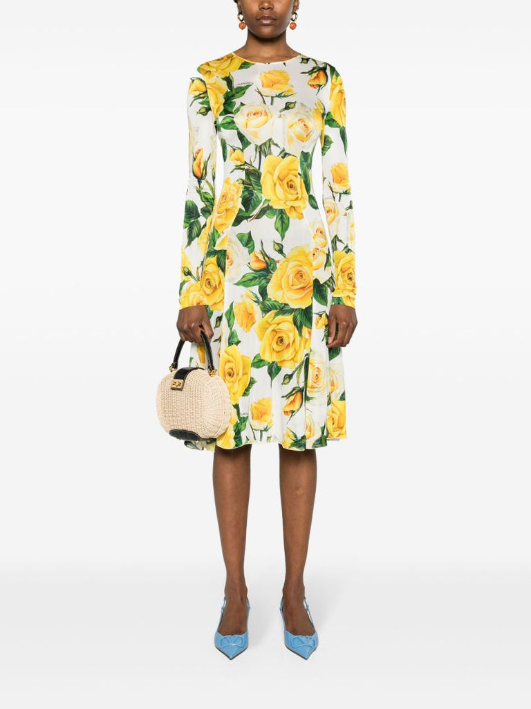 White Rose-print Midi Dress