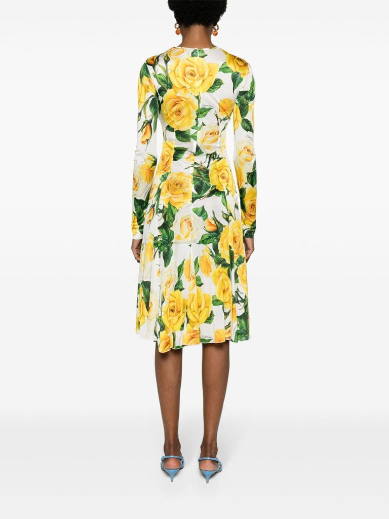 White Rose-print Midi Dress