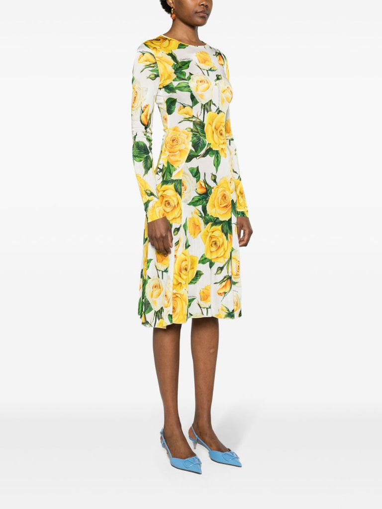 White Rose-print Midi Dress