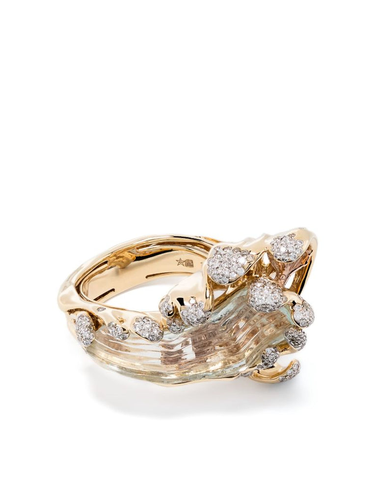 18k Gold Mermaid Wave Diamond, Aquamarine and Pearl Ring