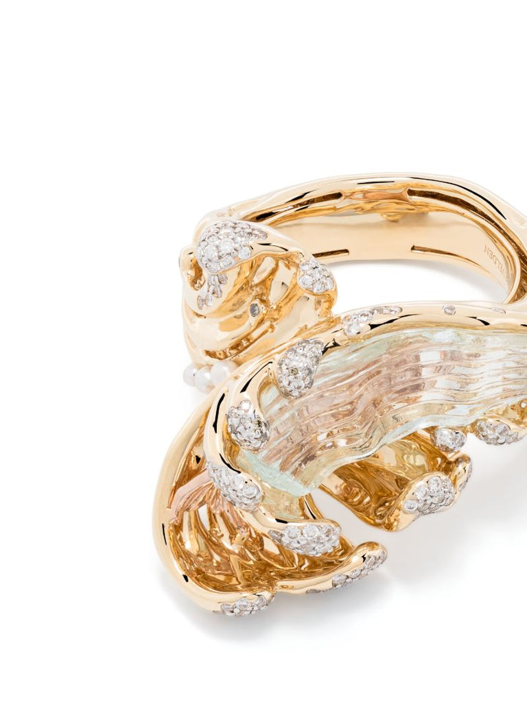 18k Gold Mermaid Wave Diamond, Aquamarine and Pearl Ring