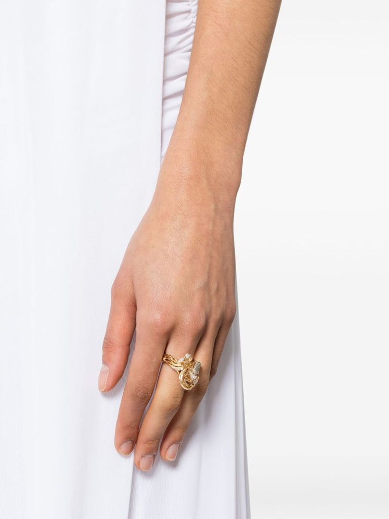 18k Gold Mermaid Wave Diamond, Aquamarine and Pearl Ring