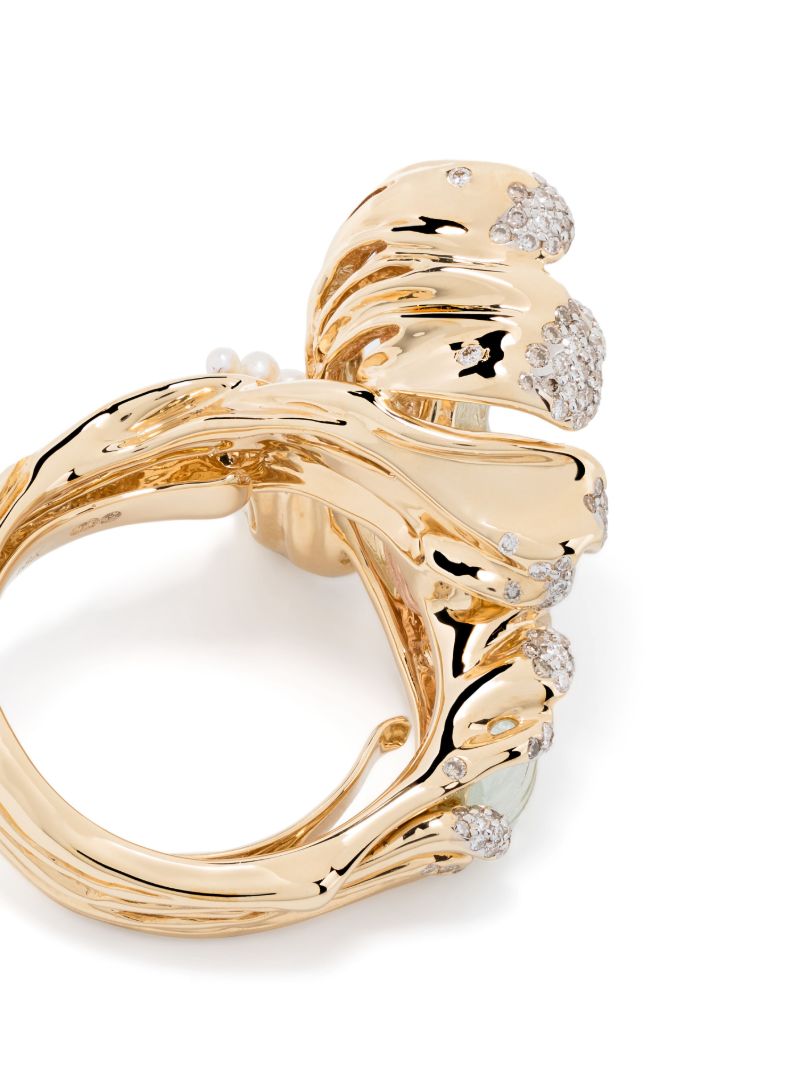 18k Gold Mermaid Wave Diamond, Aquamarine and Pearl Ring
