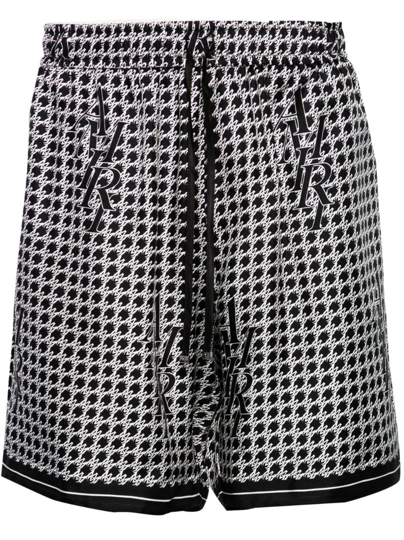 Black Staggered Houndstooth Silk Shorts