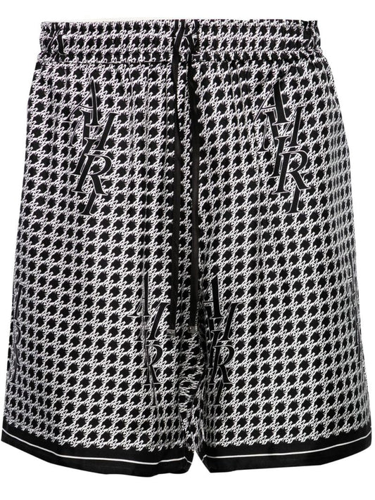 Black Staggered Houndstooth Silk Shorts