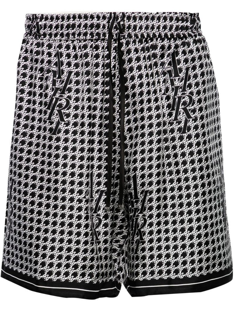 Black Staggered Houndstooth Silk Shorts