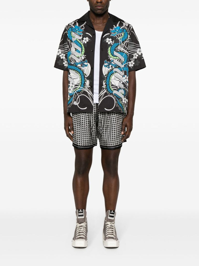 Black Staggered Houndstooth Silk Shorts