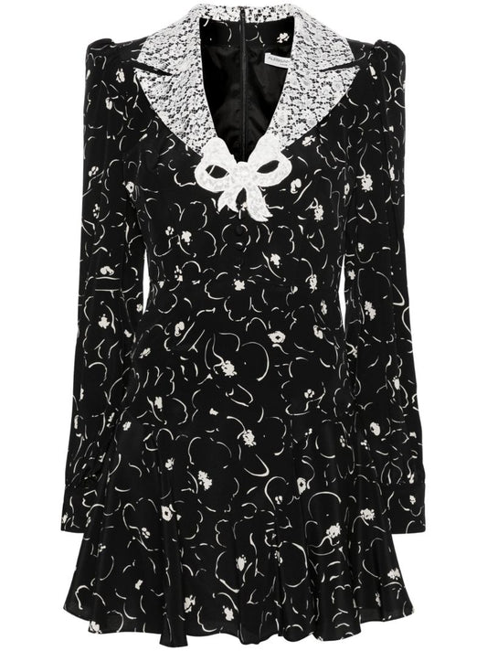 Black Lace Detailed Floral-print Dress