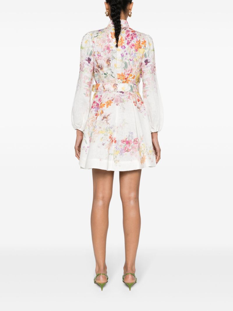 White Kaleidoscope Garden Print Long-sleeved Minidress