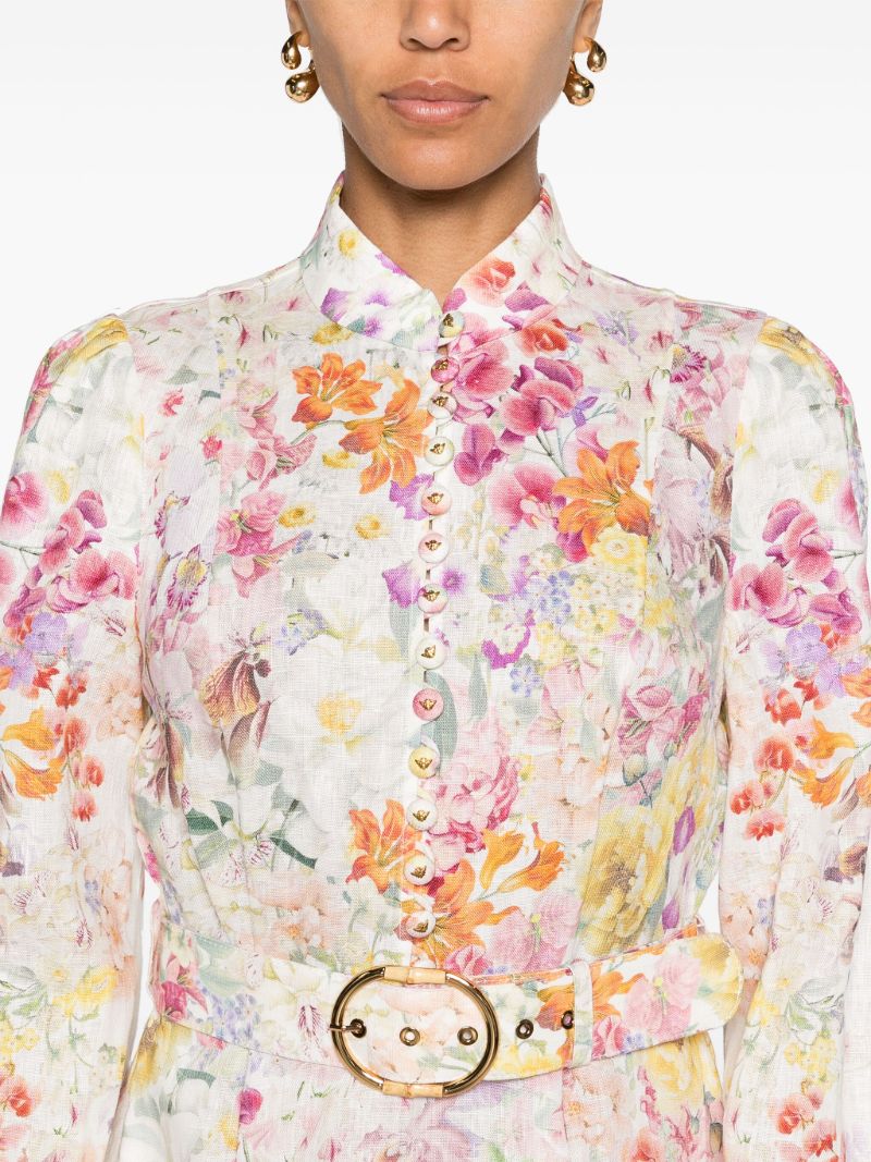 White Kaleidoscope Garden Print Long-sleeved Minidress
