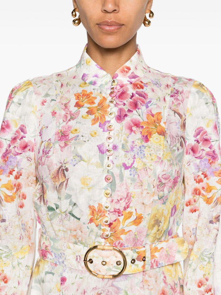 White Kaleidoscope Garden Print Long-sleeved Minidress