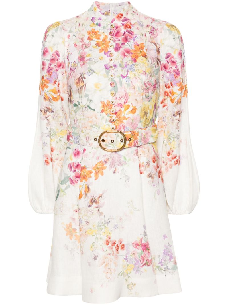 White Kaleidoscope Garden Print Long-sleeved Minidress