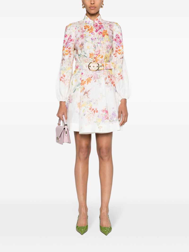 White Kaleidoscope Garden Print Long-sleeved Minidress