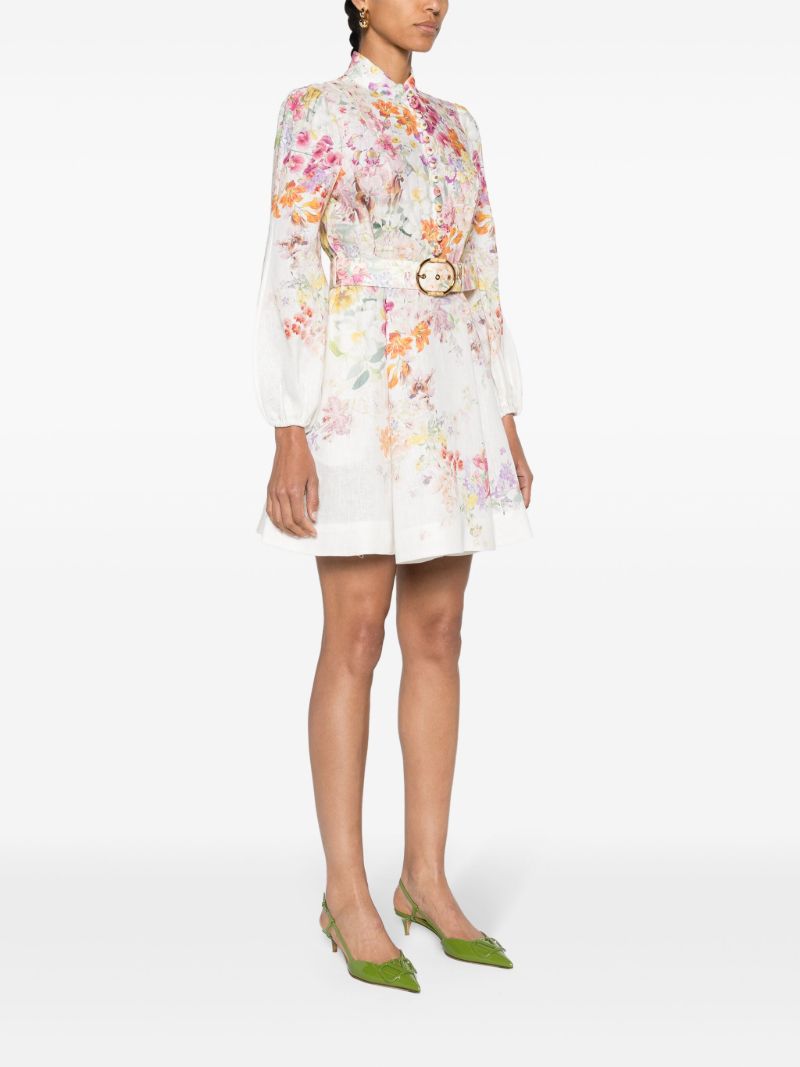 White Kaleidoscope Garden Print Long-sleeved Minidress