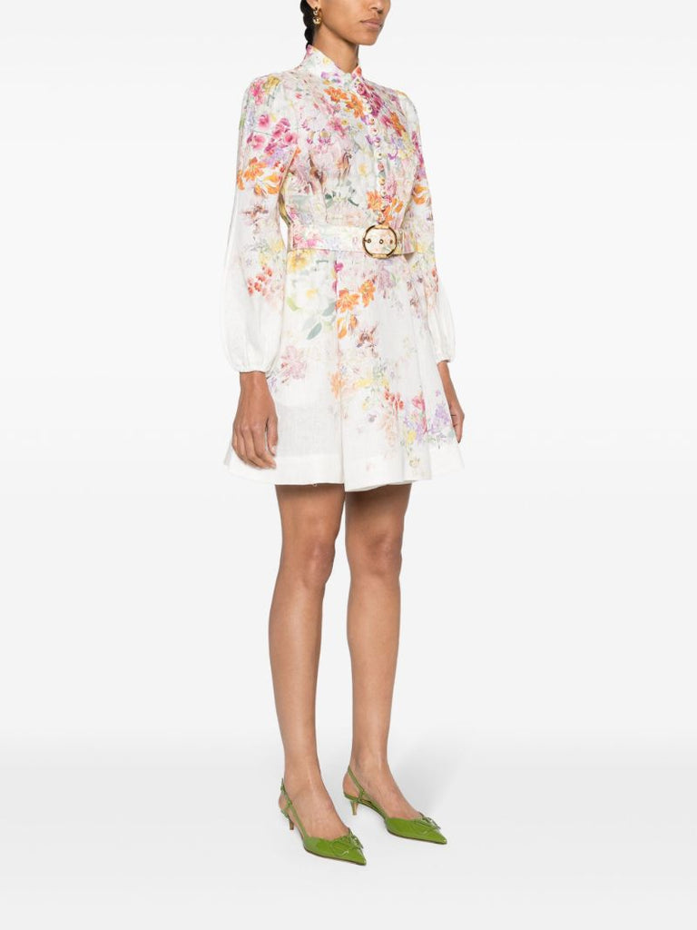 White Kaleidoscope Garden Print Long-sleeved Minidress