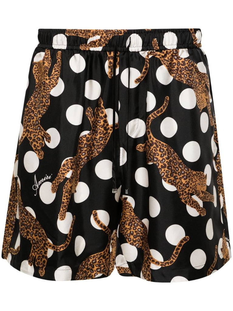 Black Leopard Polka Dot Print Silk Shorts