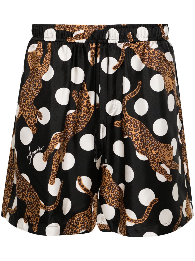 Black Leopard Polka Dot Print Silk Shorts