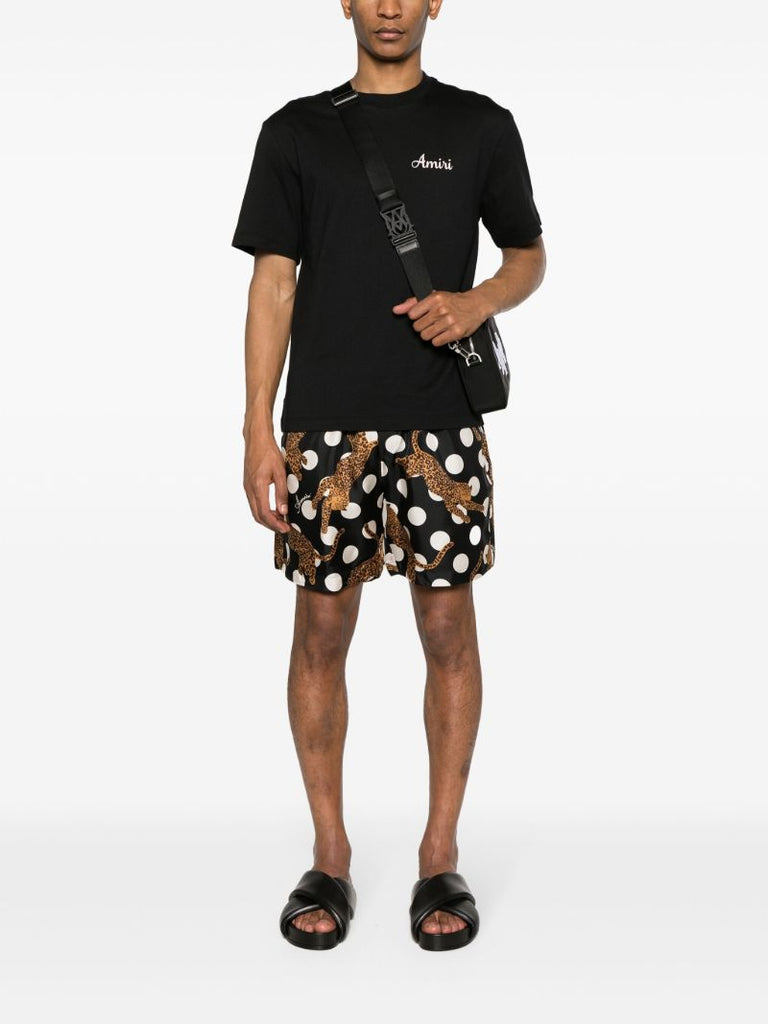 Black Leopard Polka Dot Print Silk Shorts