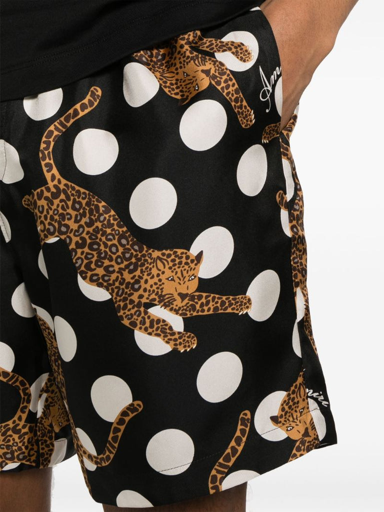 Black Leopard Polka Dot Print Silk Shorts