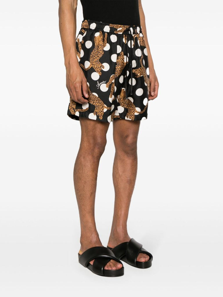 Black Leopard Polka Dot Print Silk Shorts
