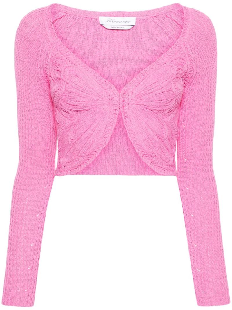 Pink Butterfly-embroidered Cropped Cardigan