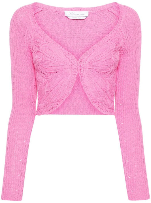 Pink Butterfly-embroidered Cropped Cardigan