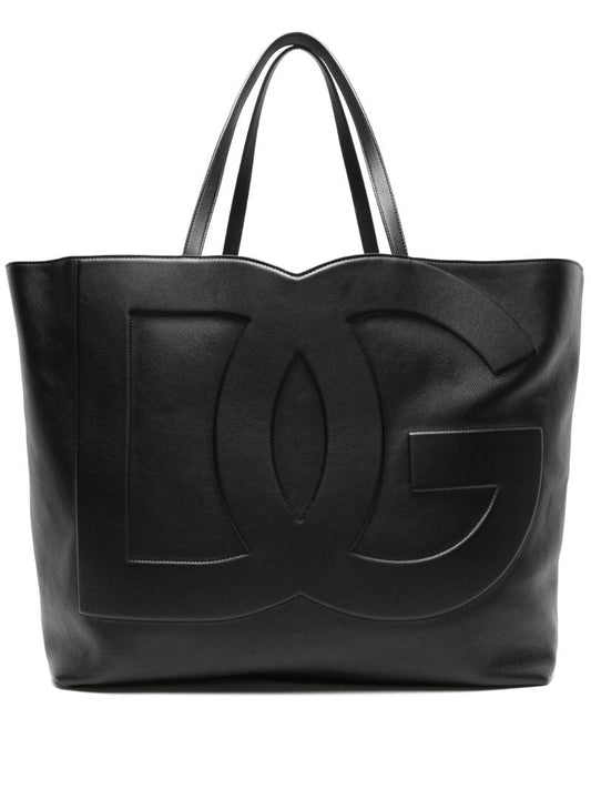 Black Logo-embossed Leather Tote Bag