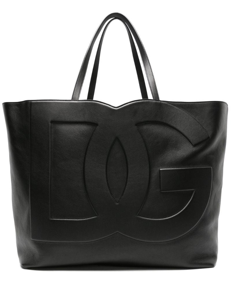 Black Logo-embossed Leather Tote Bag