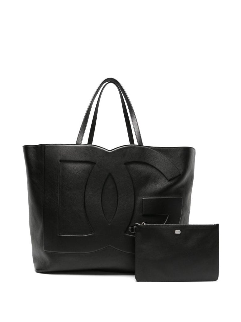 Black Logo-embossed Leather Tote Bag