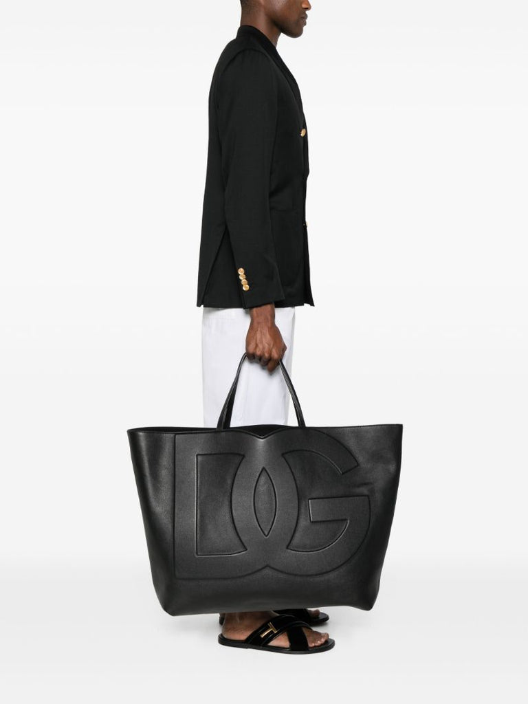 Black Logo-embossed Leather Tote Bag