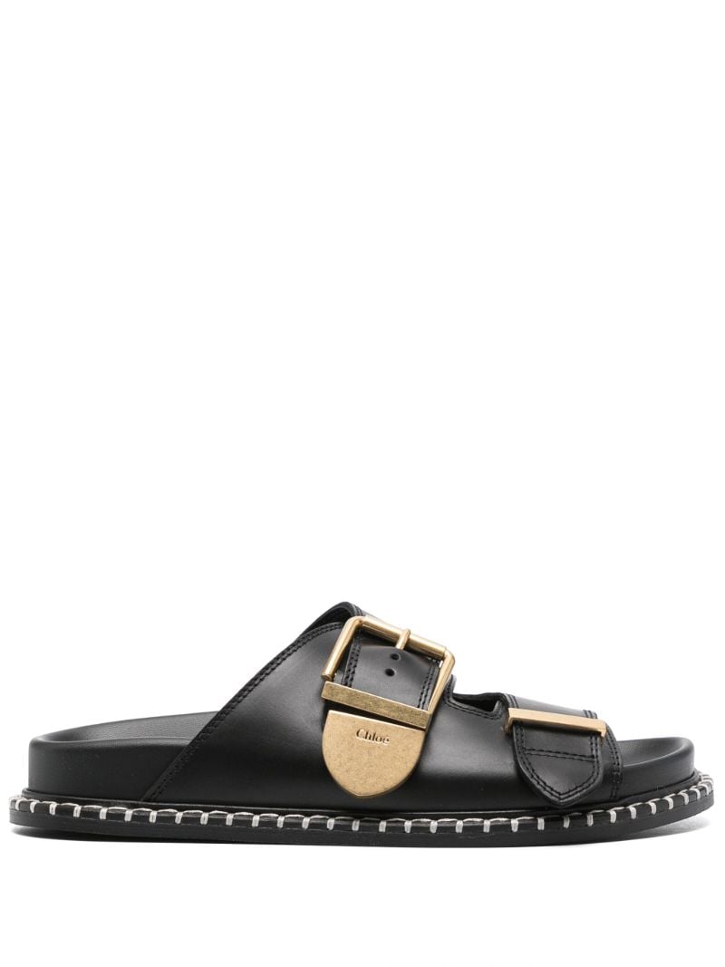 Black Buckle-fastening Leather Slides
