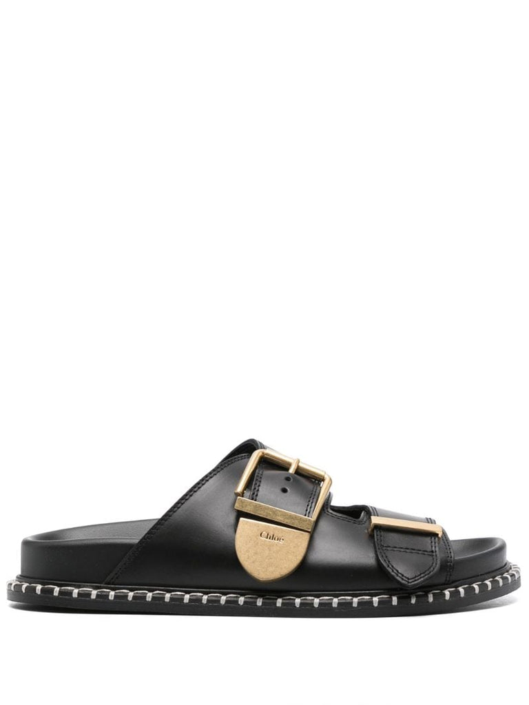 Black Buckle-fastening Leather Slides