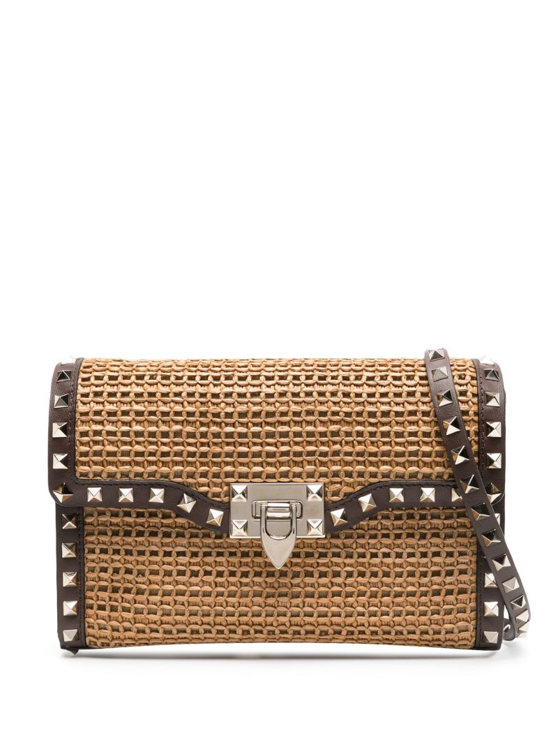 Brown Rockstud Straw Cross Body Bag