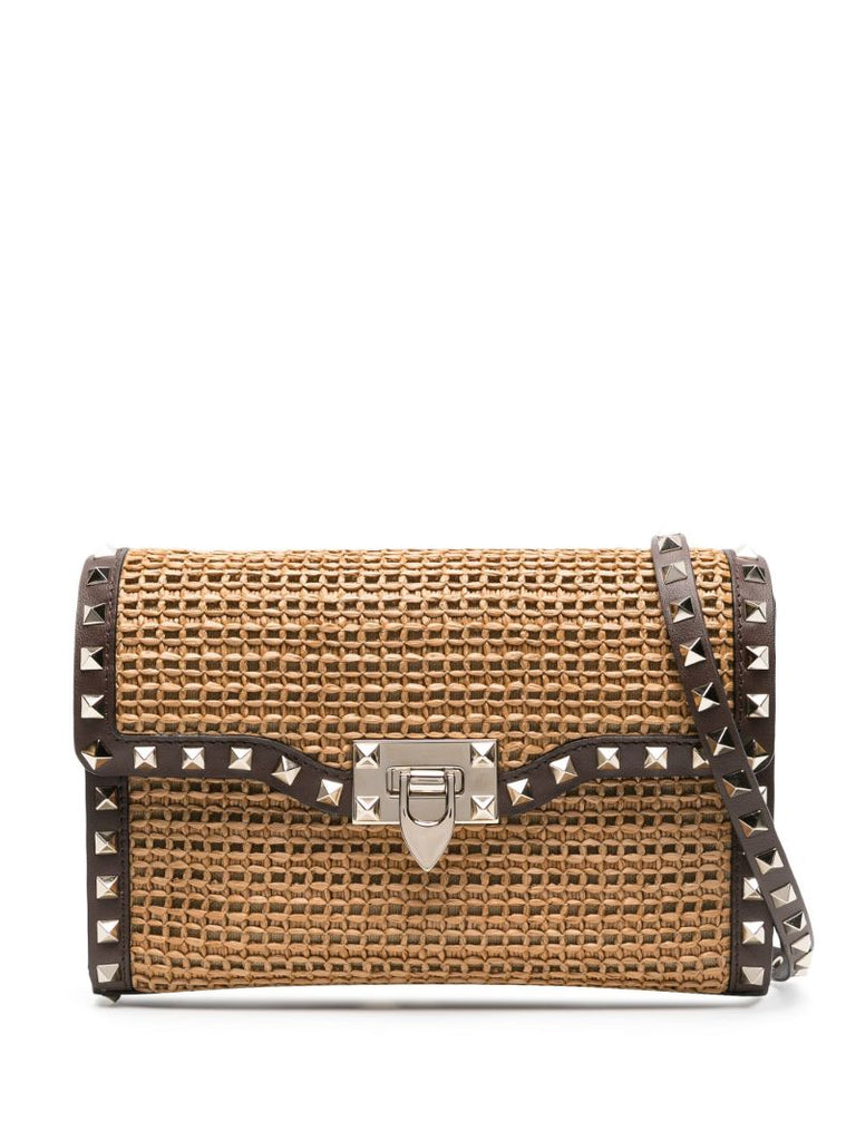 Brown Rockstud Straw Cross Body Bag