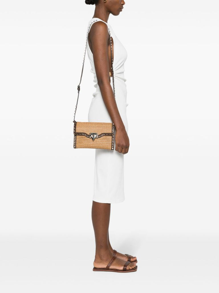 Brown Rockstud Straw Cross Body Bag
