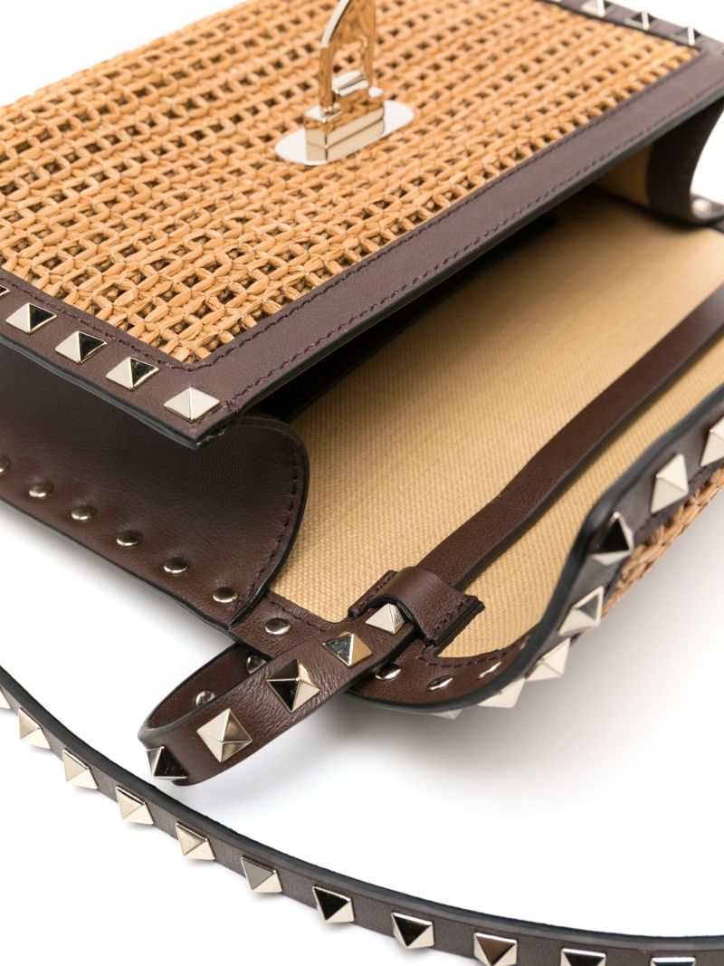 Brown Rockstud Straw Cross Body Bag