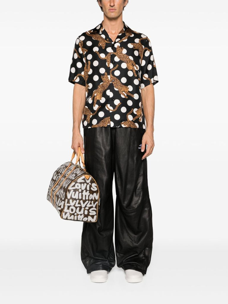 Black Leopard Polka Dot Print Silk Shirt