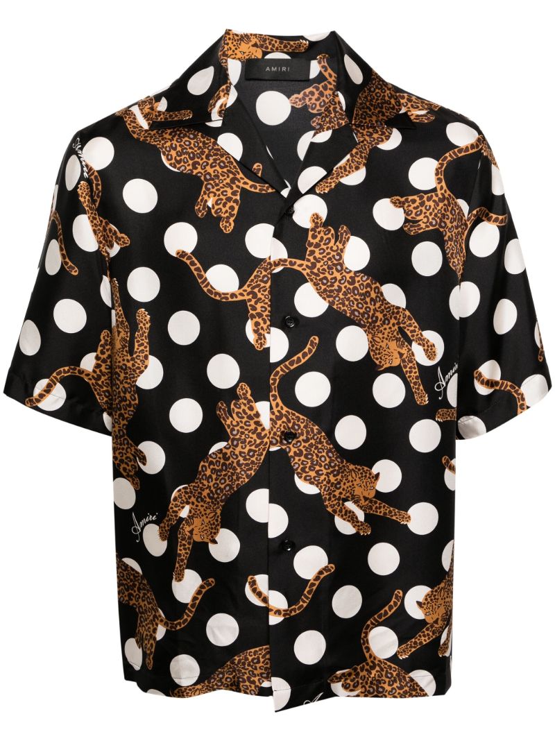 Black Leopard Polka Dot Print Silk Shirt