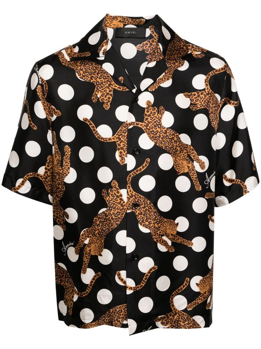 Black Leopard Polka Dot Print Silk Shirt