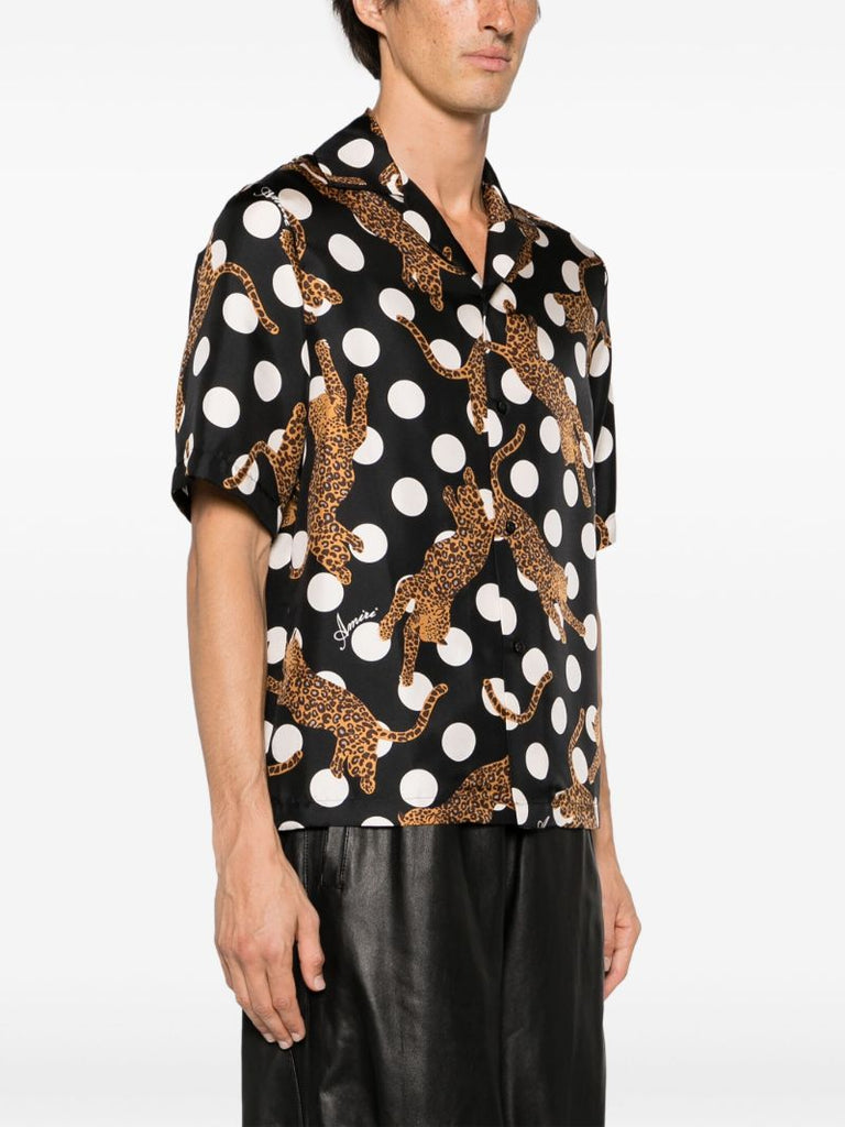 Black Leopard Polka Dot Print Silk Shirt