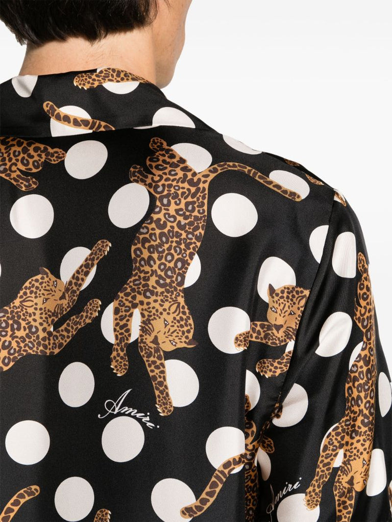 Black Leopard Polka Dot Print Silk Shirt