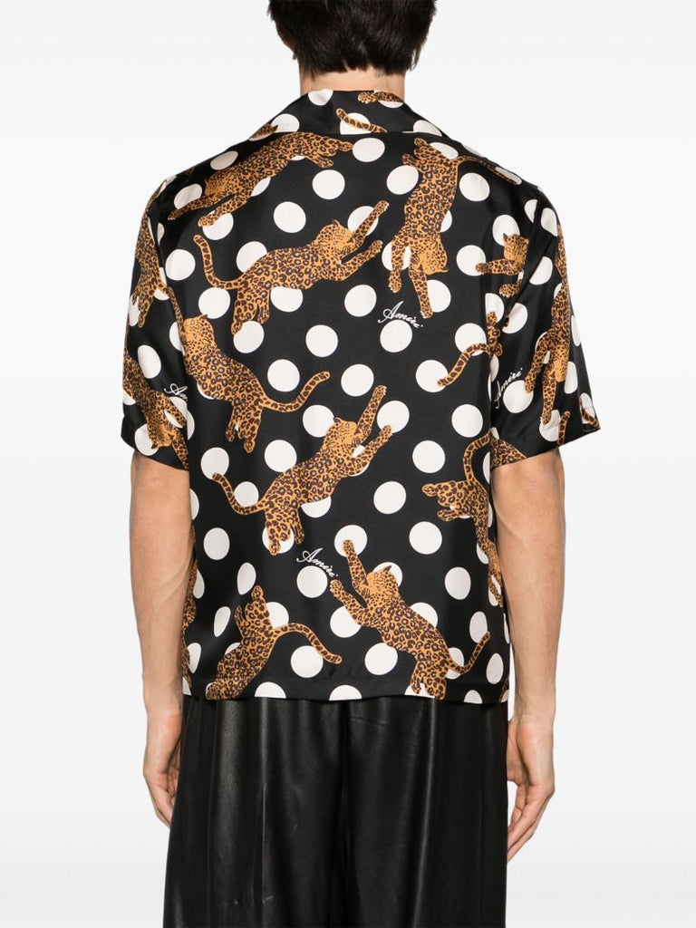 Black Leopard Polka Dot Print Silk Shirt