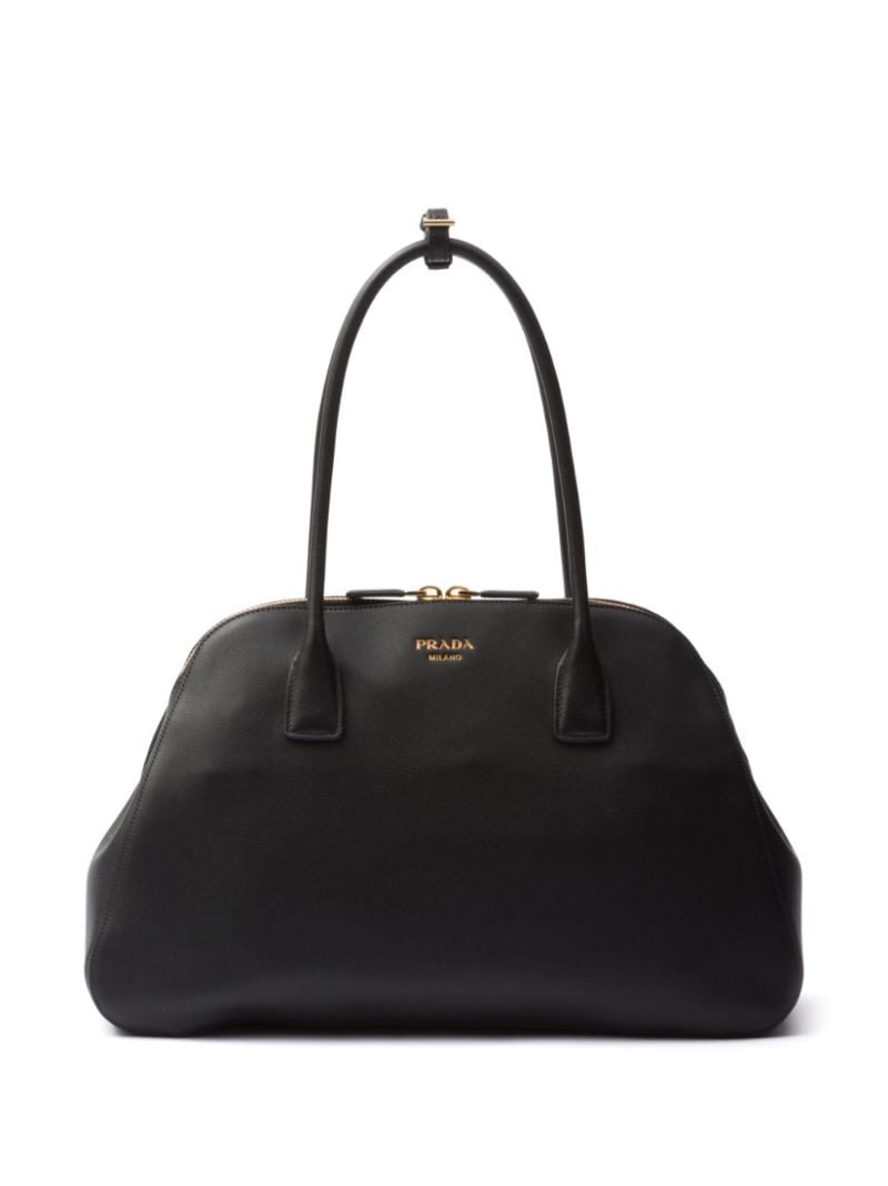 Black Logo Medium Leather Tote Bag