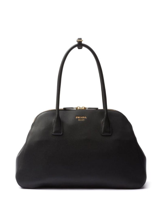 Black Logo Medium Leather Tote Bag
