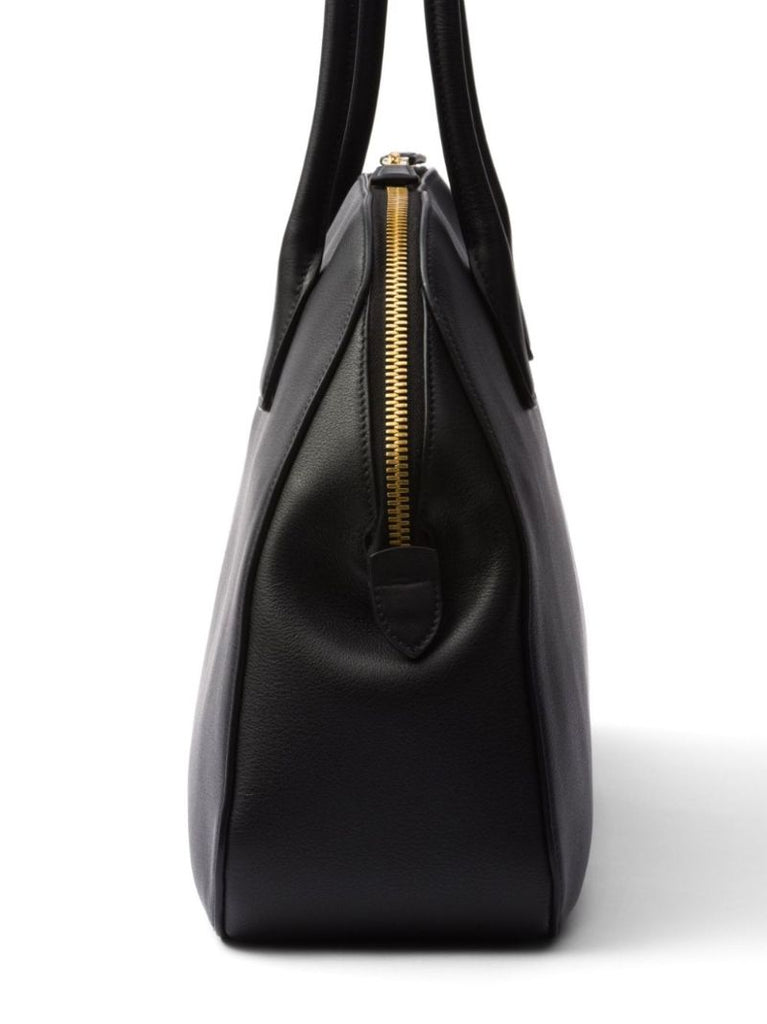 Black Logo Medium Leather Tote Bag