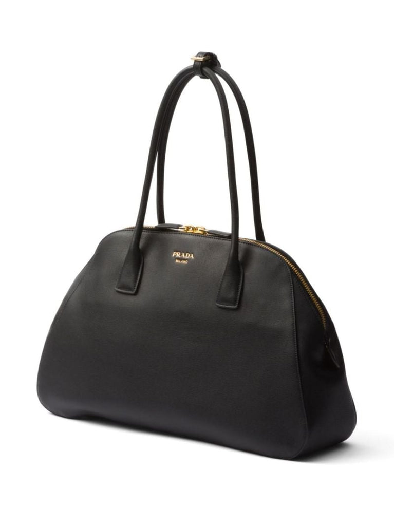 Black Logo Medium Leather Tote Bag