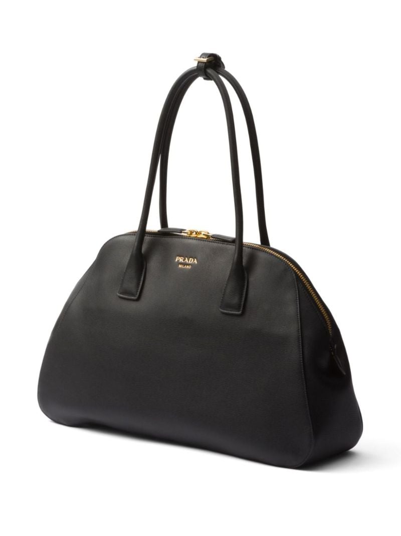 Black Logo Medium Leather Tote Bag